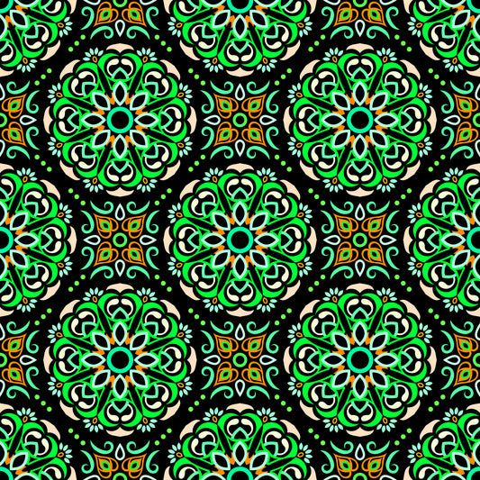 Green - Orange - Turquoise Mandala Fabric - 160