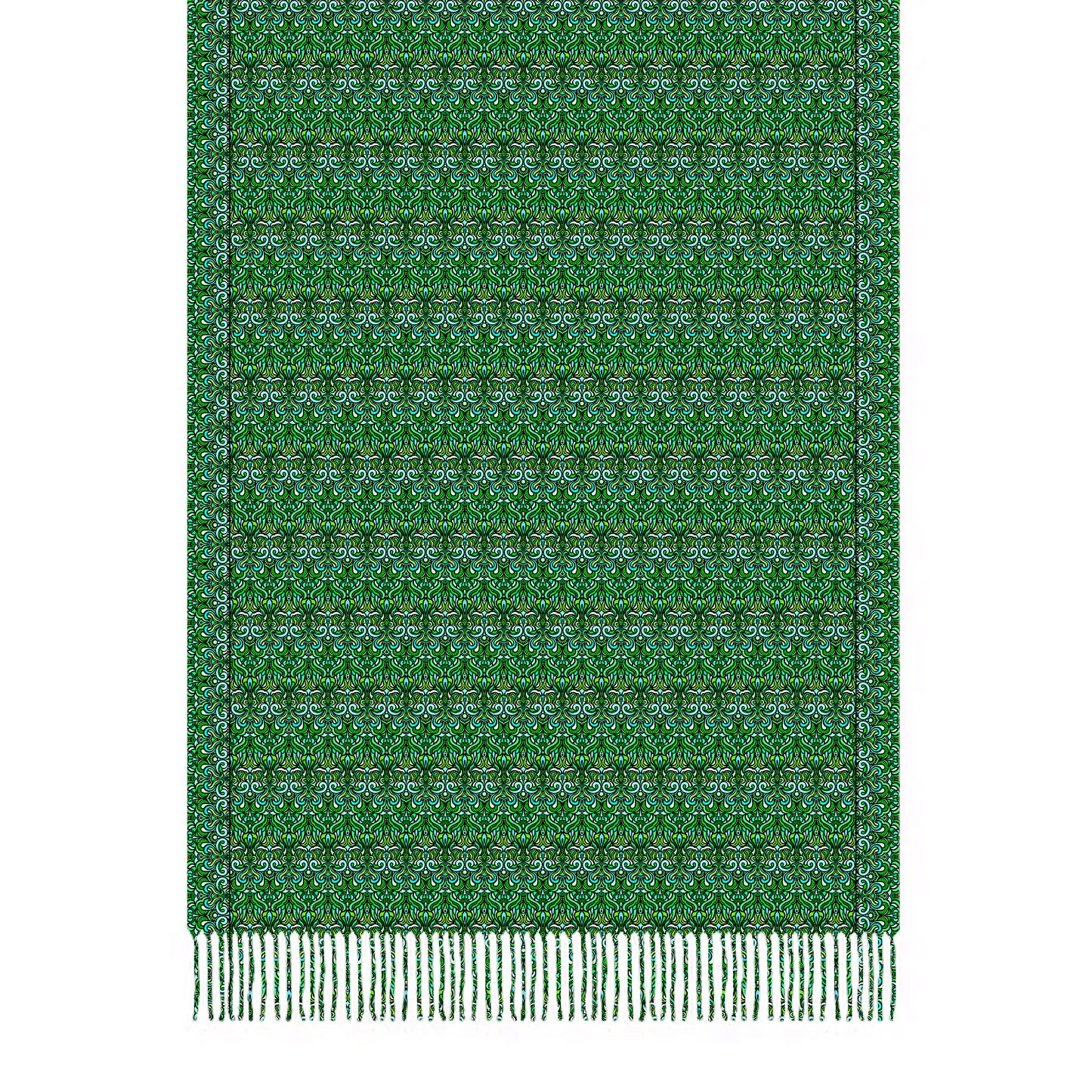 Green - Turquoise Abstract Doodle Scarf with Tassels