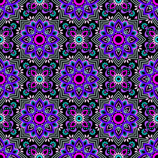 Purple - Turquoise - Pink Mandala Fabric - 145