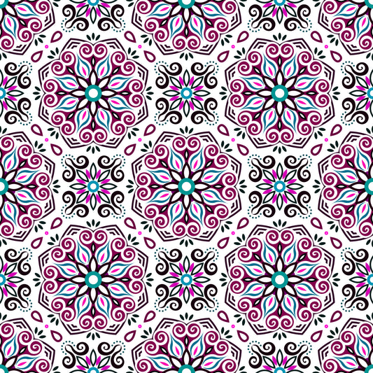 Maroon - Turquoise - Pink Mandala Fabric - 203i