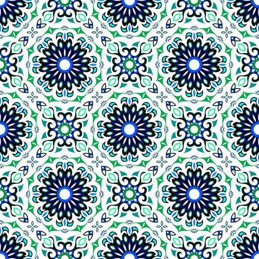 Green - Turquoise - Blue Mandala Fabric - 198i