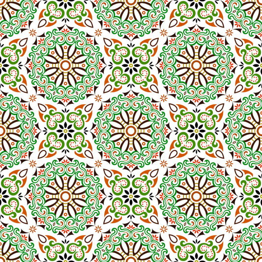 Green - Orange Mandala Fabric - 166i
