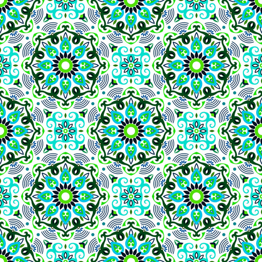 Turquoise - Green - Blue Mandala Fabric - 140i