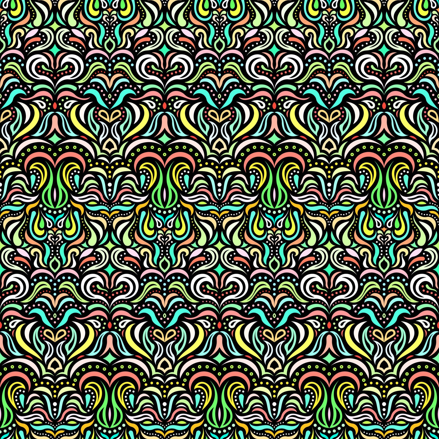 Turquoise - Orange - Green - Yellow Abstract Doodle Fabric 1013.2