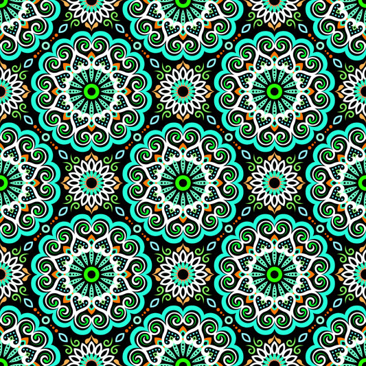 Turquoise - Orange - Green Mandala Fabric - 179