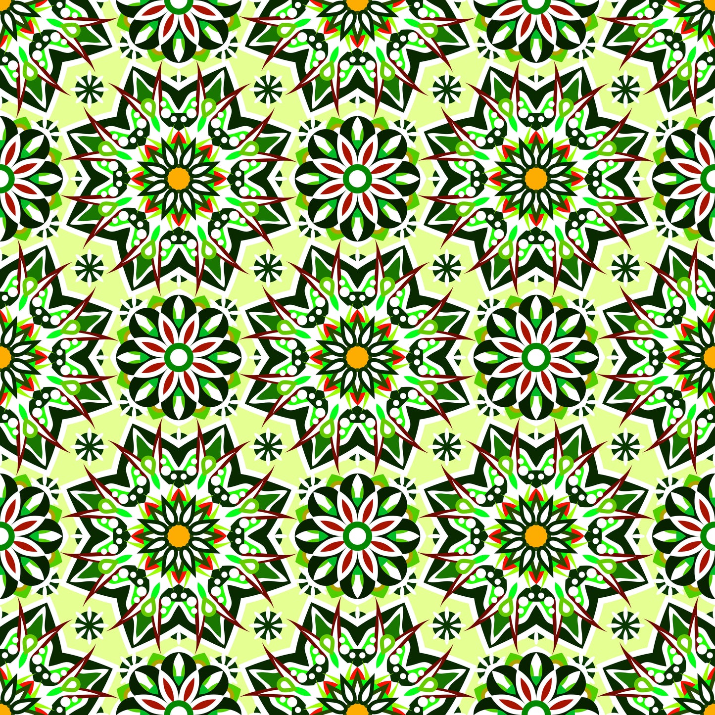 Green -  Red - Yellow Mandala Fabric - 122i