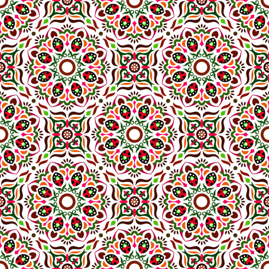 Red - Green - Orange Mandala Fabric - 186i