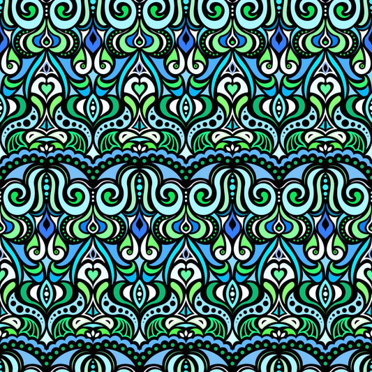 Turquoise - Green - Blue Abstract Doodle Fabric 1010.2