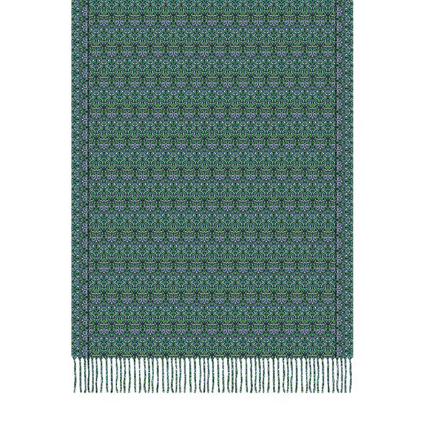 Turquoise - Green - Blue Abstract Doodle Scarf with Tassels