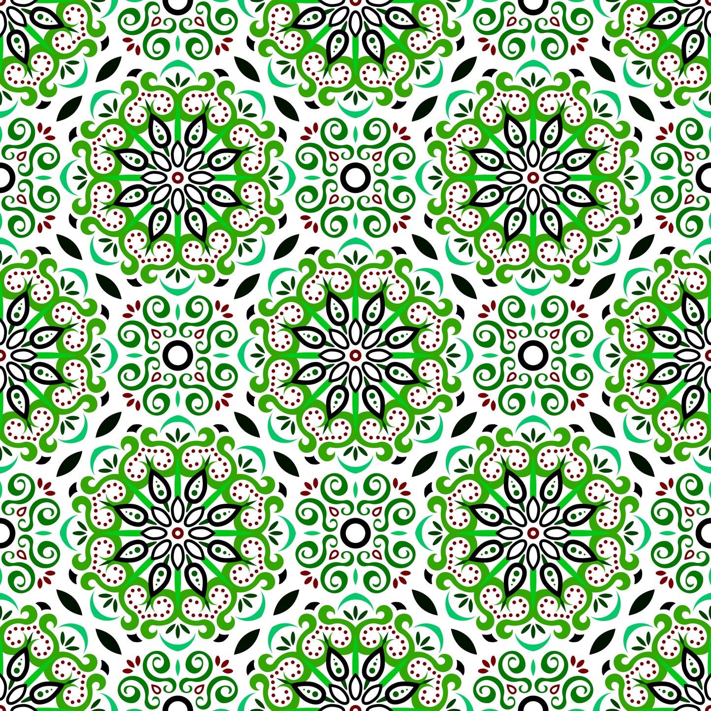 Green - Turquoise - Burgundy Mandala Fabric - 165i