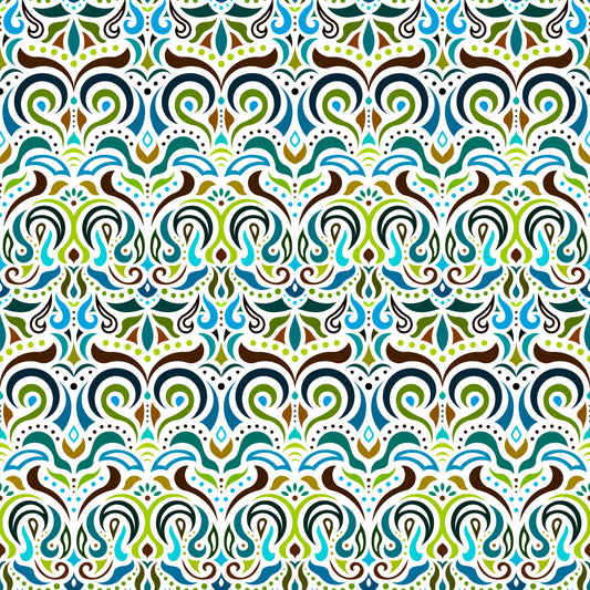 Green - Blue - Brown Abstract Doodle Fabric 1007i