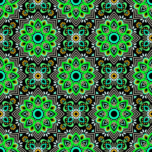 Green - Yellow - Turquoise Mandala Fabric - 145