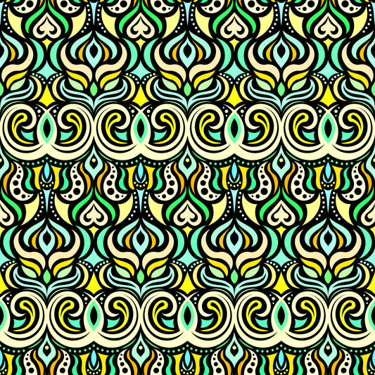Yellow - Turquoise - Green Abstract Doodle Fabric 1009.7