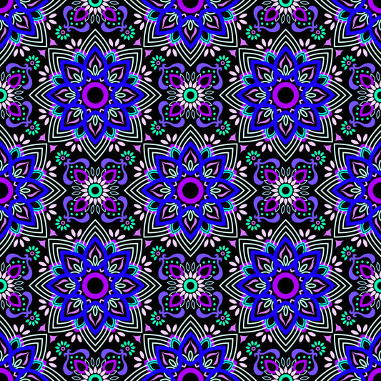 Blue - Purple - Turquoise Mandala Fabric - 145