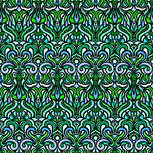 Turquoise - Green - Blue Abstract Doodle Fabric 1012
