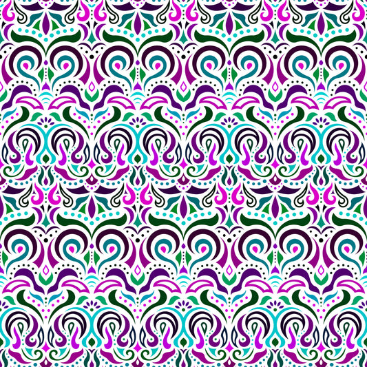Turquoise - Purple - Green Abstract Doodle Fabric 1007i