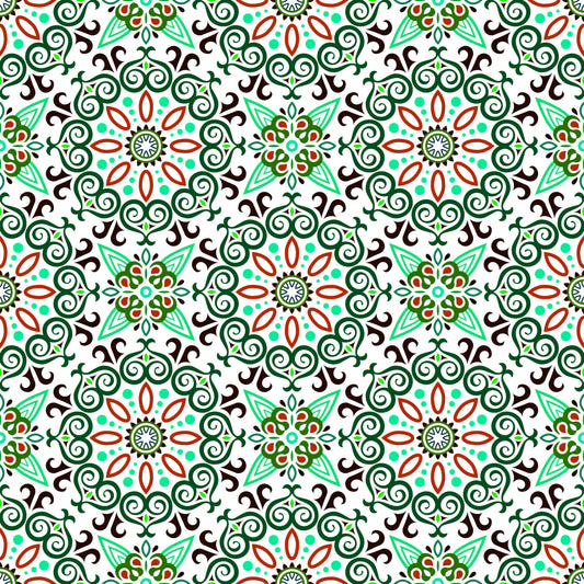 Turquoise - Green - Red Mandala Fabric - 138i