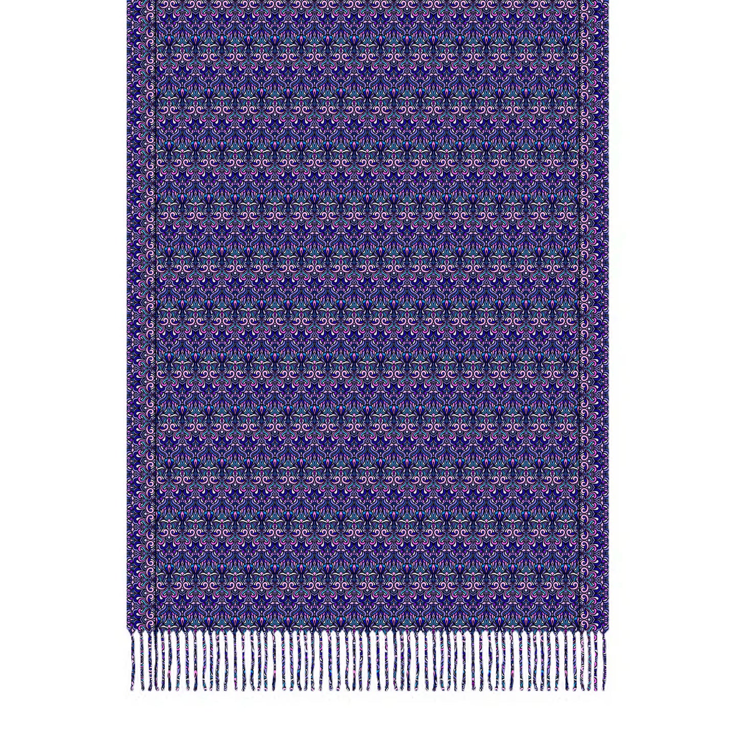 Purple - Pink - Blue Abstract Doodle Scarf with Tassels