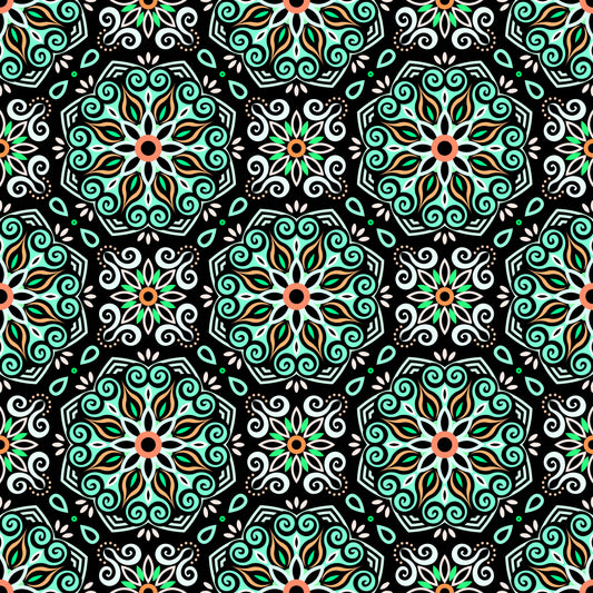 Turquoise - Orange - Green Mandala Fabric - 203