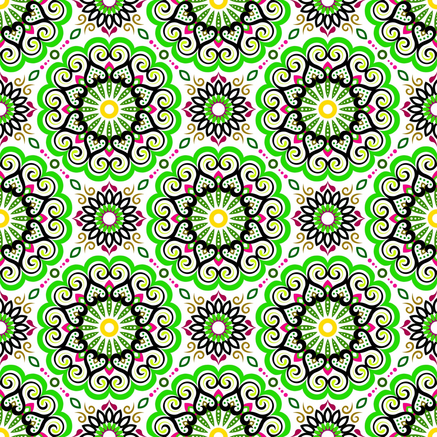 Green - Pink - Yellow Mandala Fabric - 179i