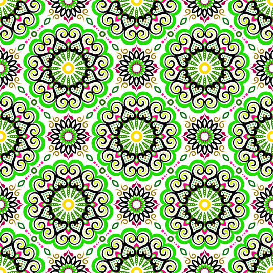Green - Pink - Yellow Mandala Fabric - 179i