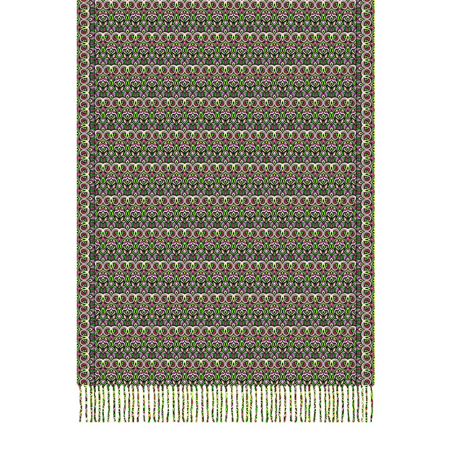 Green - Pink - Red Abstract Doodle Scarf with Tassels