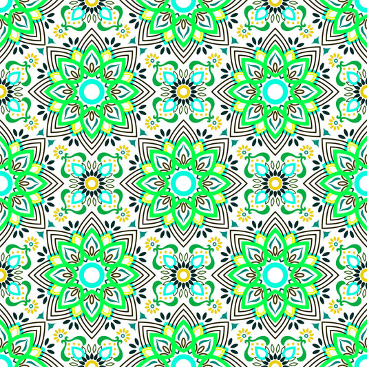 Green - Yellow - Turquoise Mandala Fabric - 145i