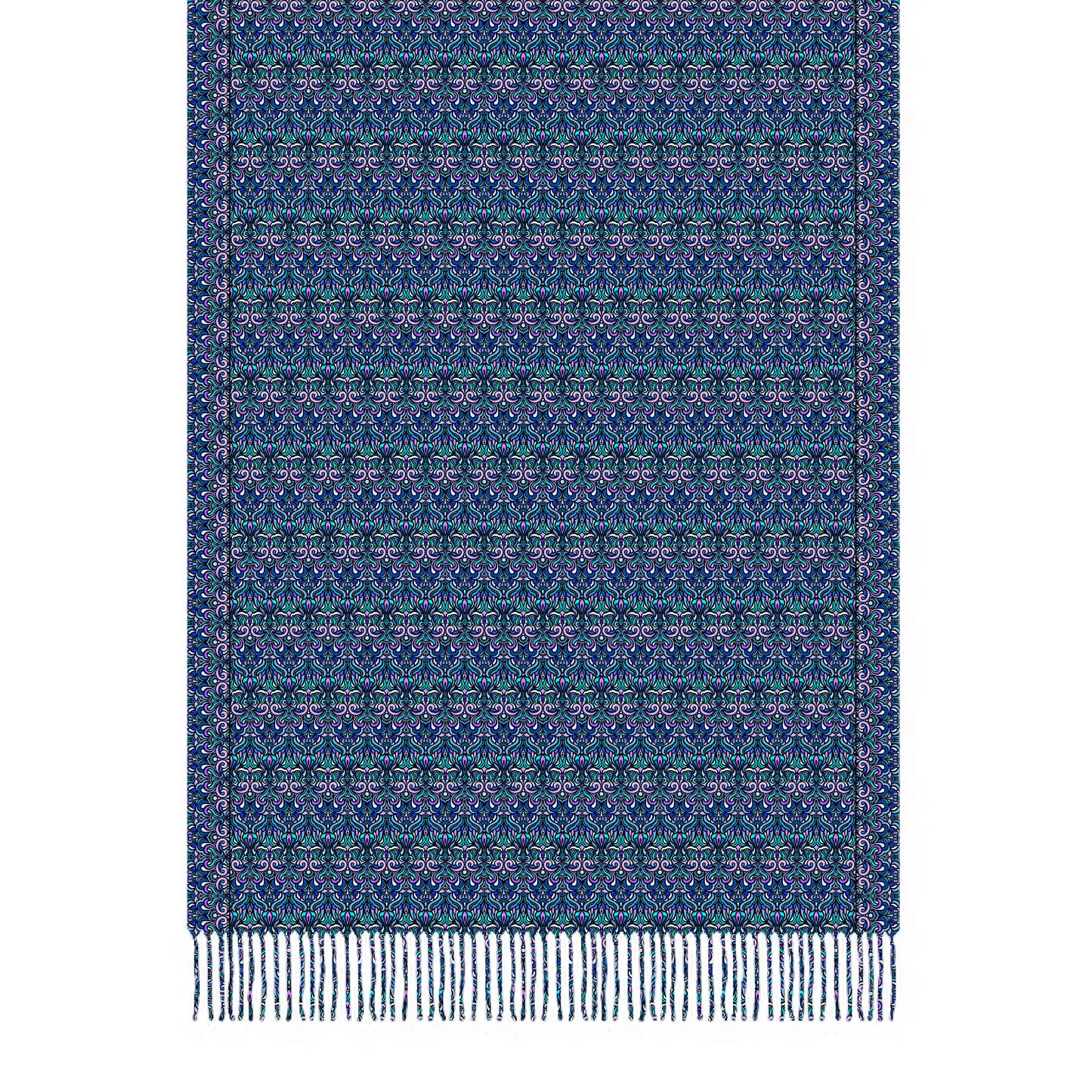 Blue - Purple Abstract Doodle Scarf with Tassels