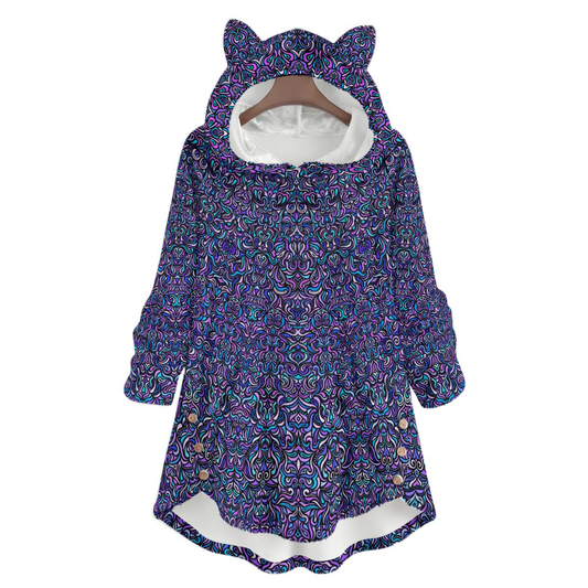 Turquoise - Blue - Purple Fuzzy Fleece Hoodie with Cat Ears