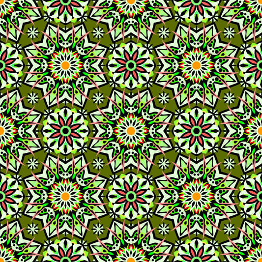 Green - Red - Orange Mandala Fabric - 122