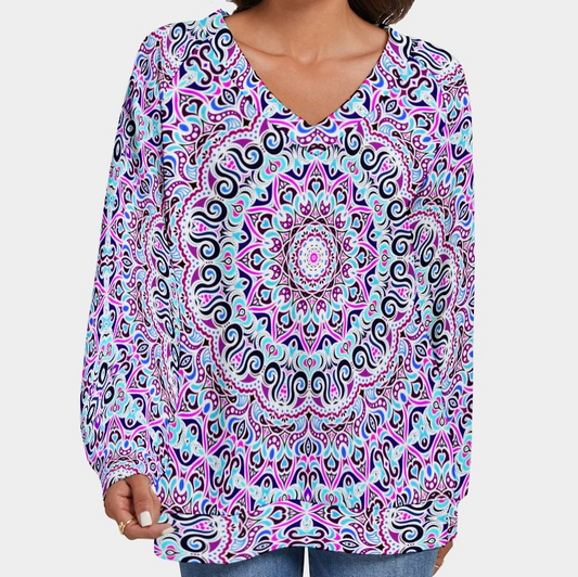 Turquoise - Blue - Fuchsia V-Neck Sweater