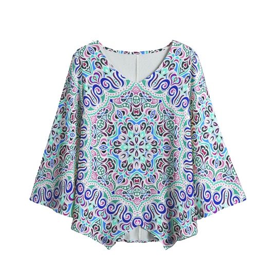 Blue - Turquoise - Pink V-Neck Blouse