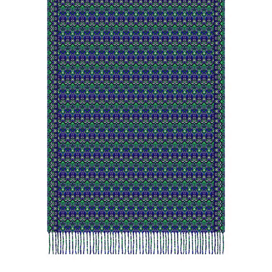 Blue - Green Abstract Doodle Scarf with Tassels
