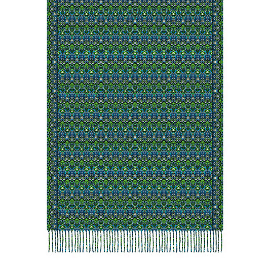 Green - Blue Abstract Doodle Scarf with Tassels
